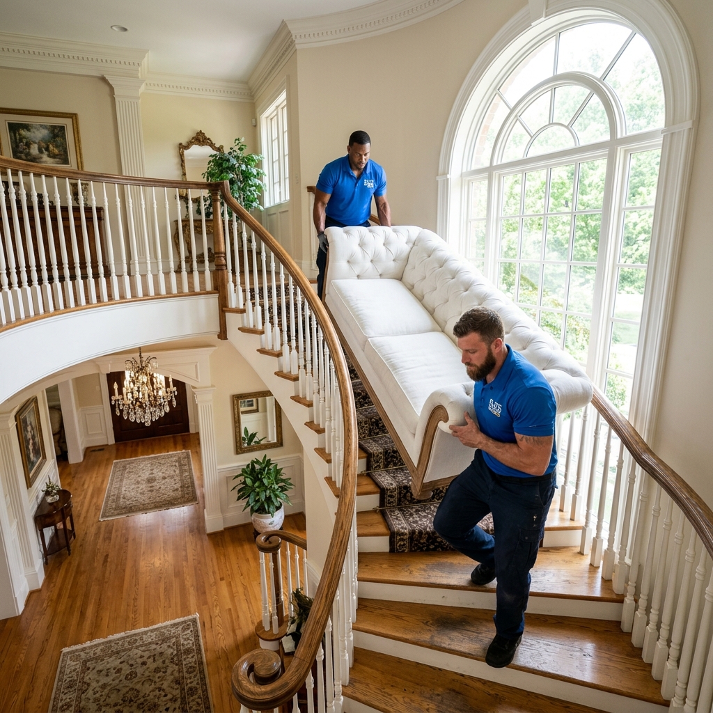 Movers carrying sofa down stairs